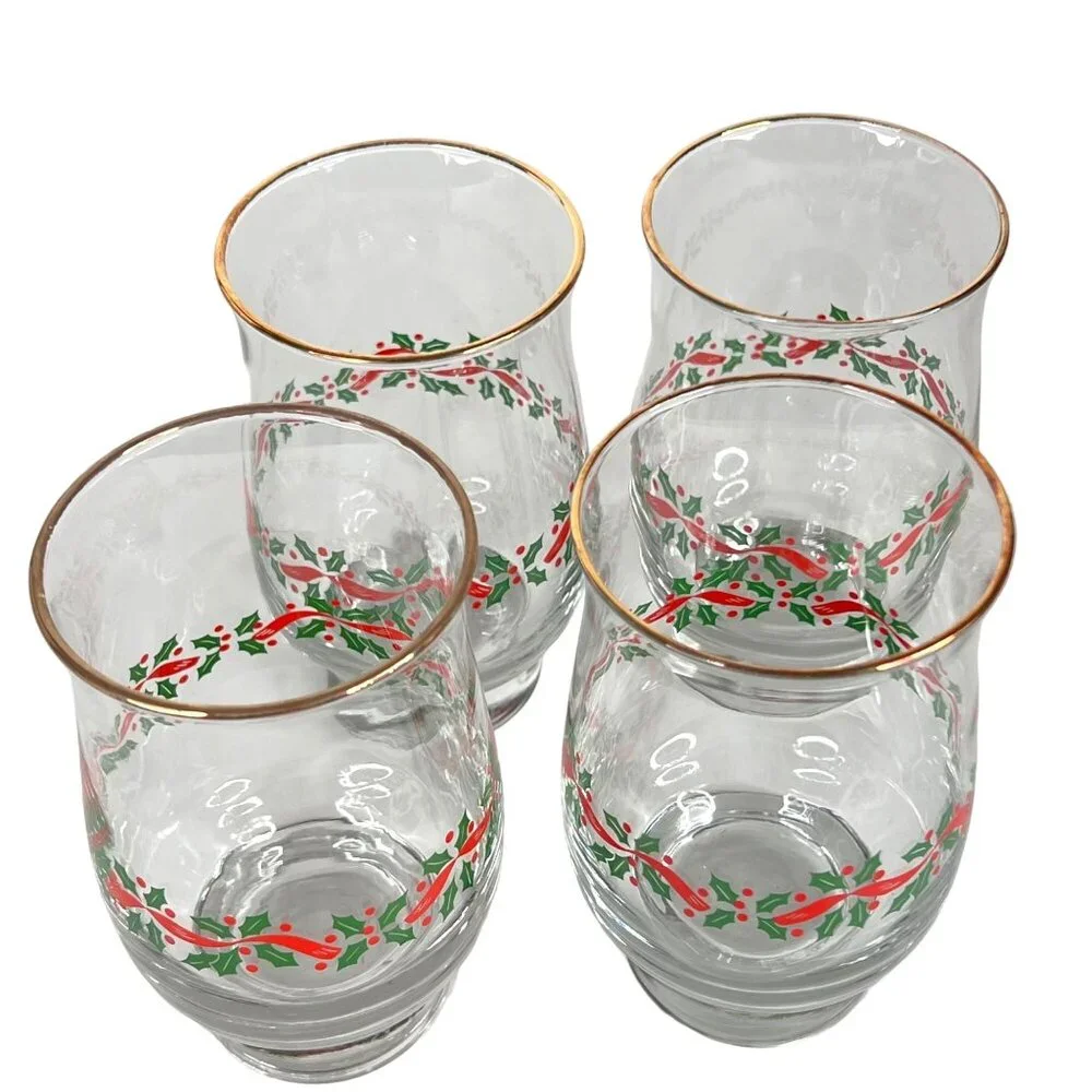 4 Libbey Christmas Holly Berry Glass Red Ribbon Tumbler Tulip Gold Rim 14 OZ VTG